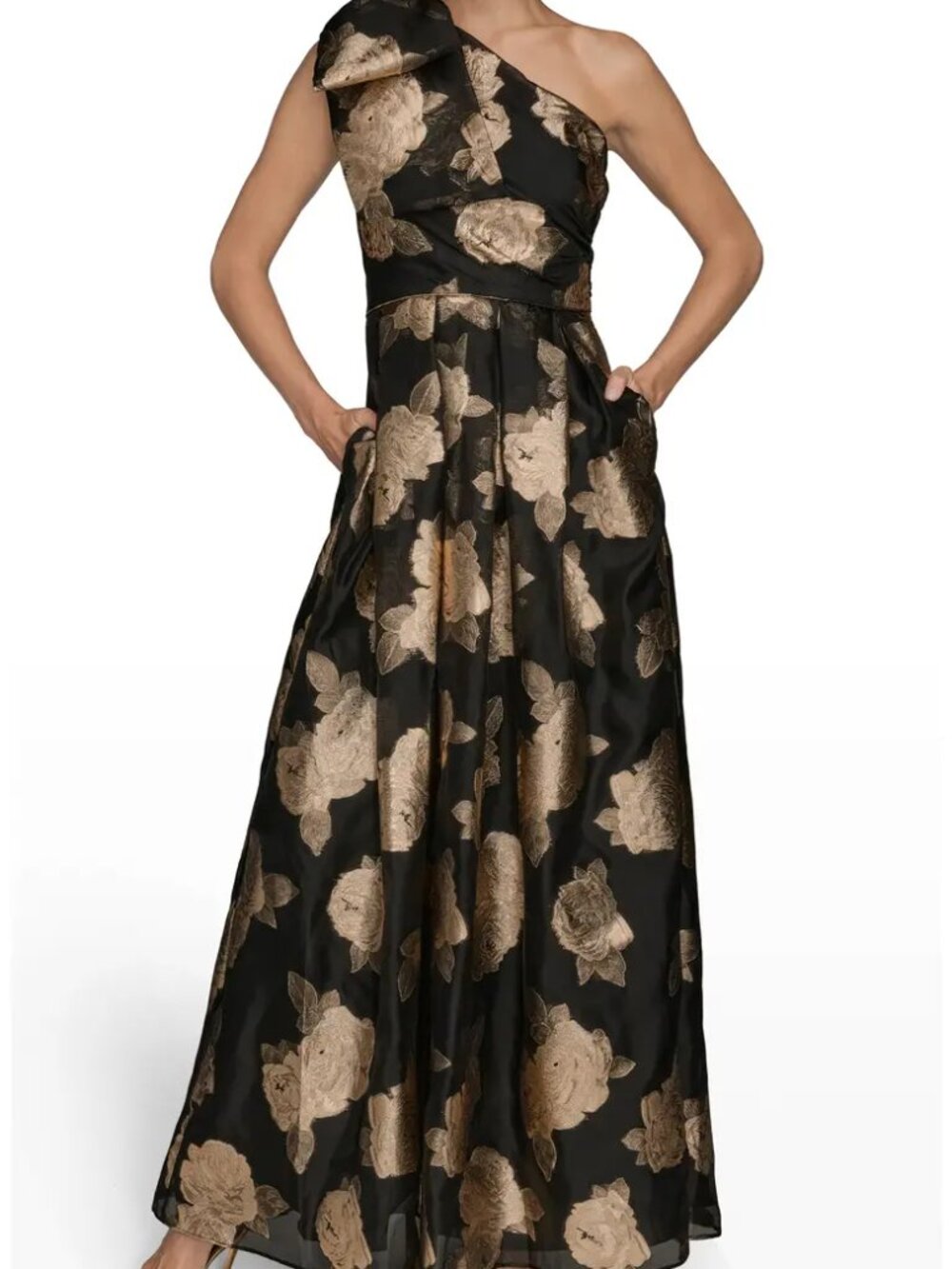 Donna Karan New York One-Shoulder Metallic Jacquard Gown - Black/Gold. Sz: 10